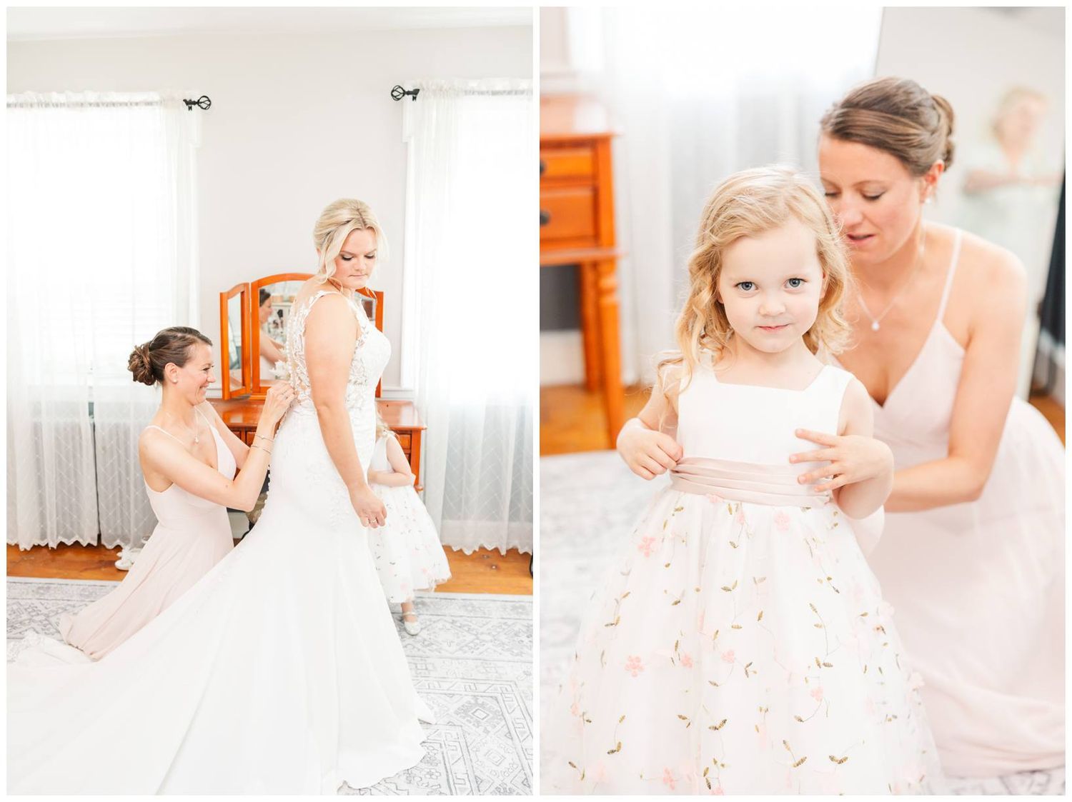 Two elegant bridal preparation scenes showing tender moments in soft pink and white tones.