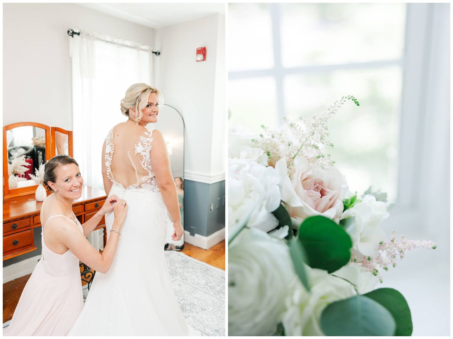 Two white wedding dress details side by side - a lace back being fastened and a delicate floral bouquet with eucalyptus.