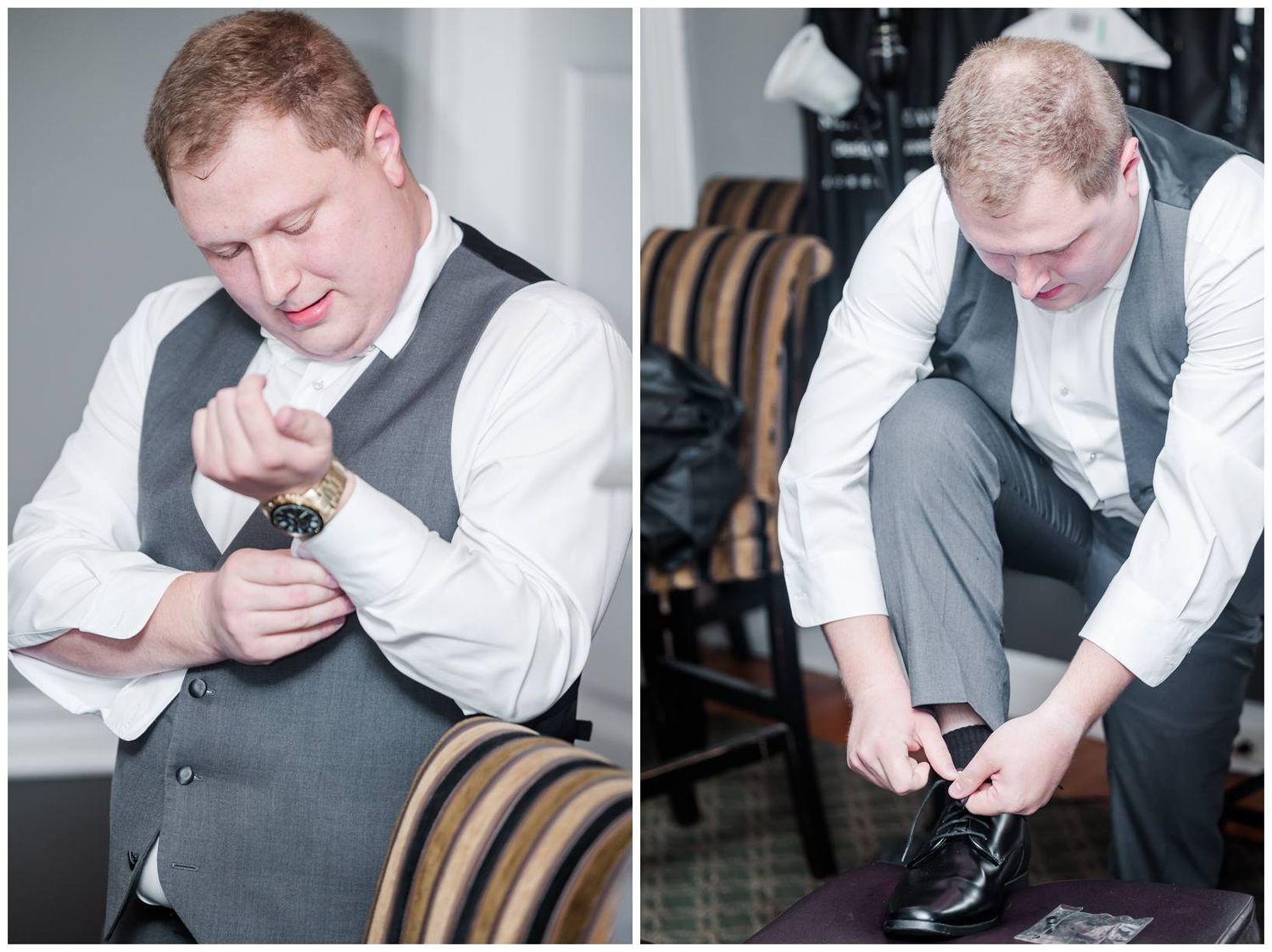 Groom in grey vest and white shirt adjusts details in split image showing tie adjusting and shoe tying moments.