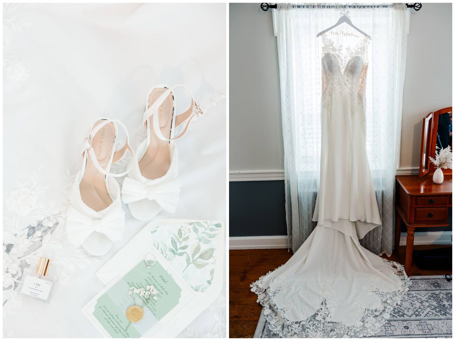 A wedding day still life with elegant white heels and perfume bottles beside a flowing lace wedding gown hanging by a window.