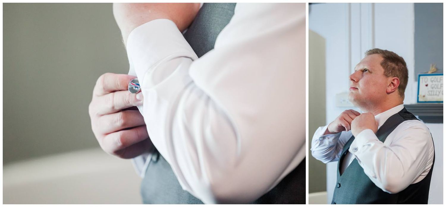 Man in white shirt adjusts his cuffs and collar in two side-by-side shots getting ready for a formal occasion.