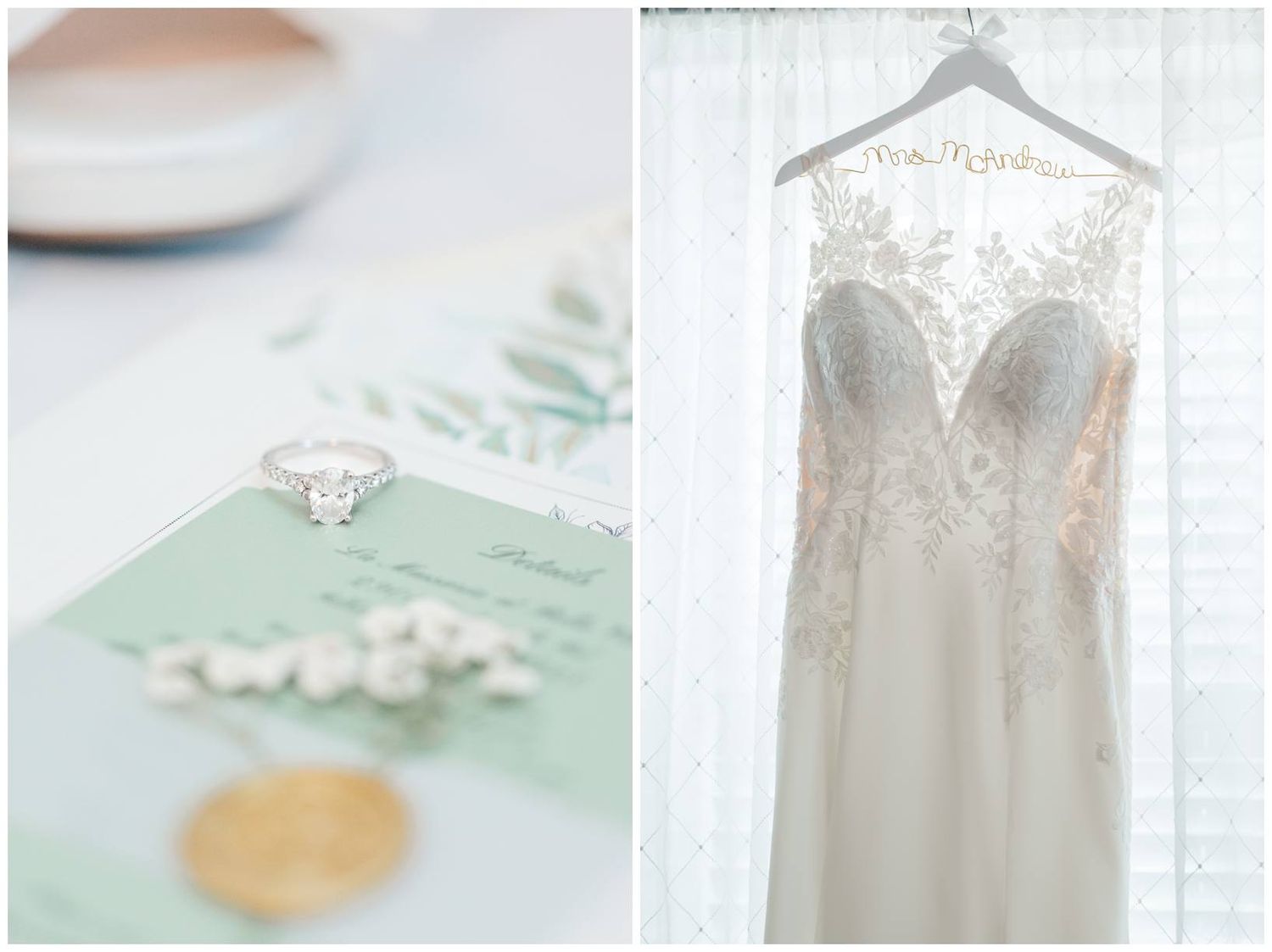 Elegant wedding details featuring a vintage style diamond ring and a delicate lace wedding dress on a hanger.