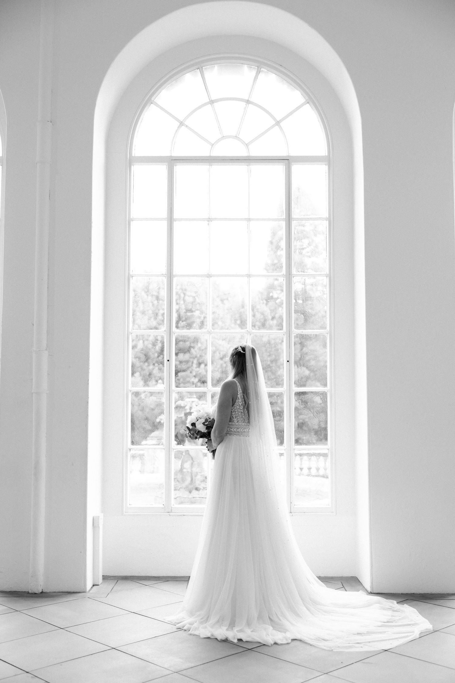 bride in window at Margam Orangery