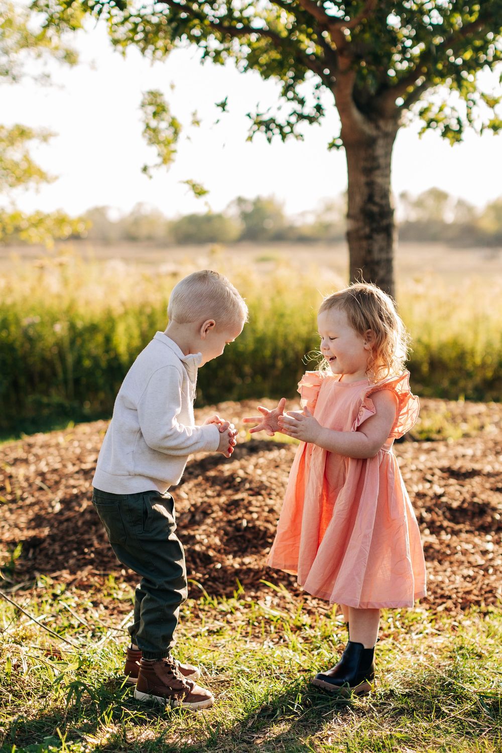 Two children playing together in golden sunlight under a tree on an autumn afternoon in a field.