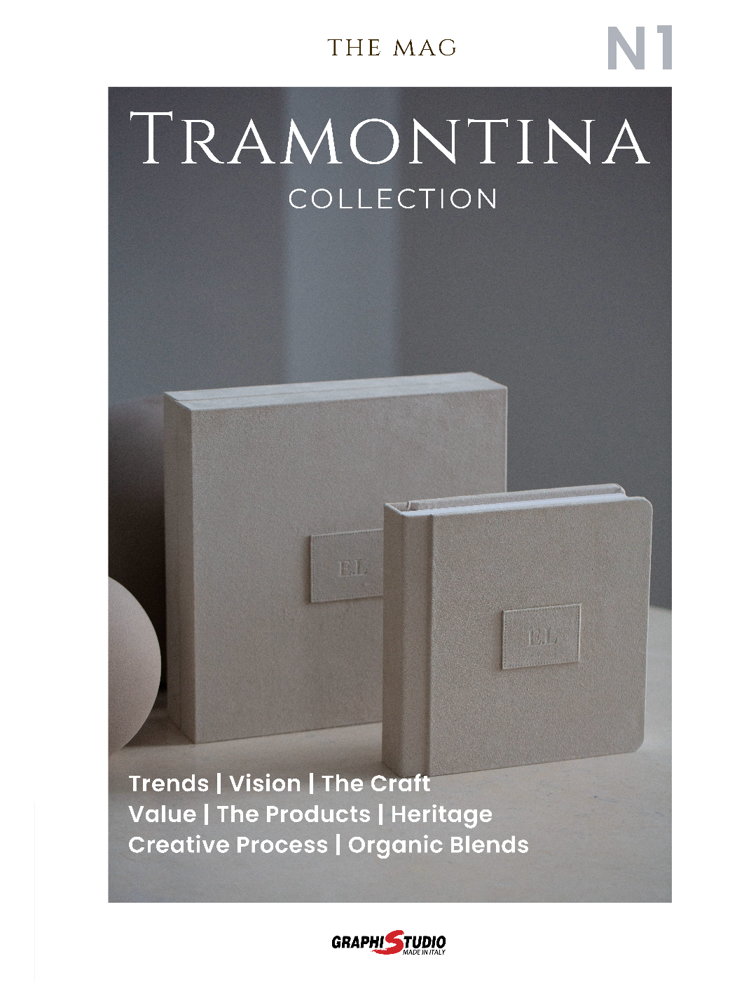 A gray magazine cover featuring Tramontina Collection branding with minimalist design and text about trends and crafts.