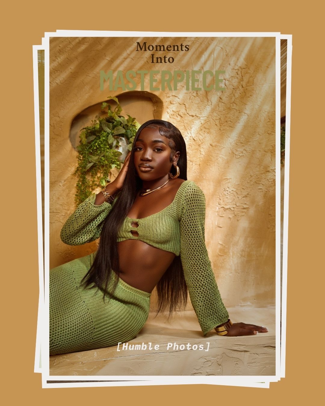 Artistic portrait in green knit outfit against golden background with decorative frame overlay.