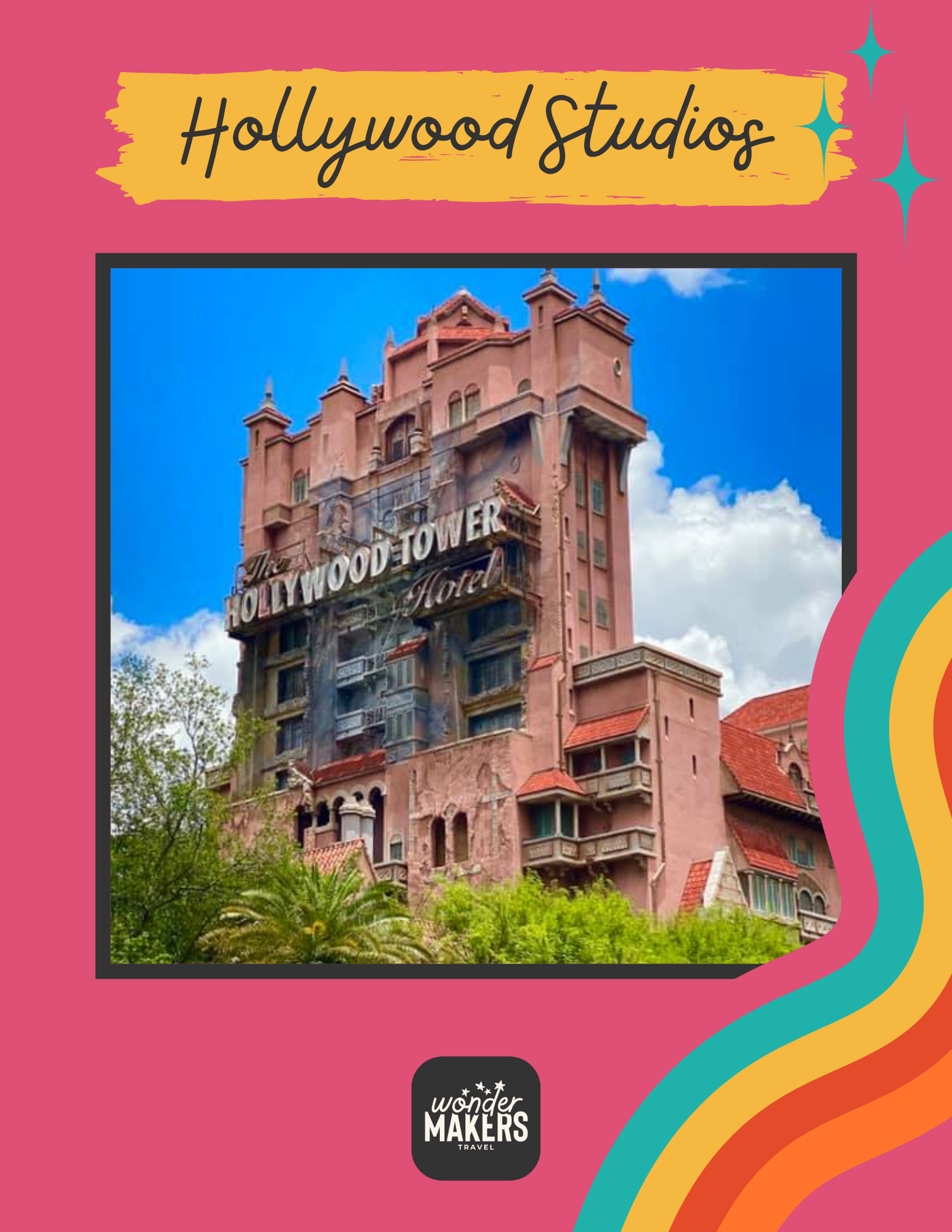 Exterior view of The Twilight Zone Tower of Terror attraction building at Hollywood Studios.