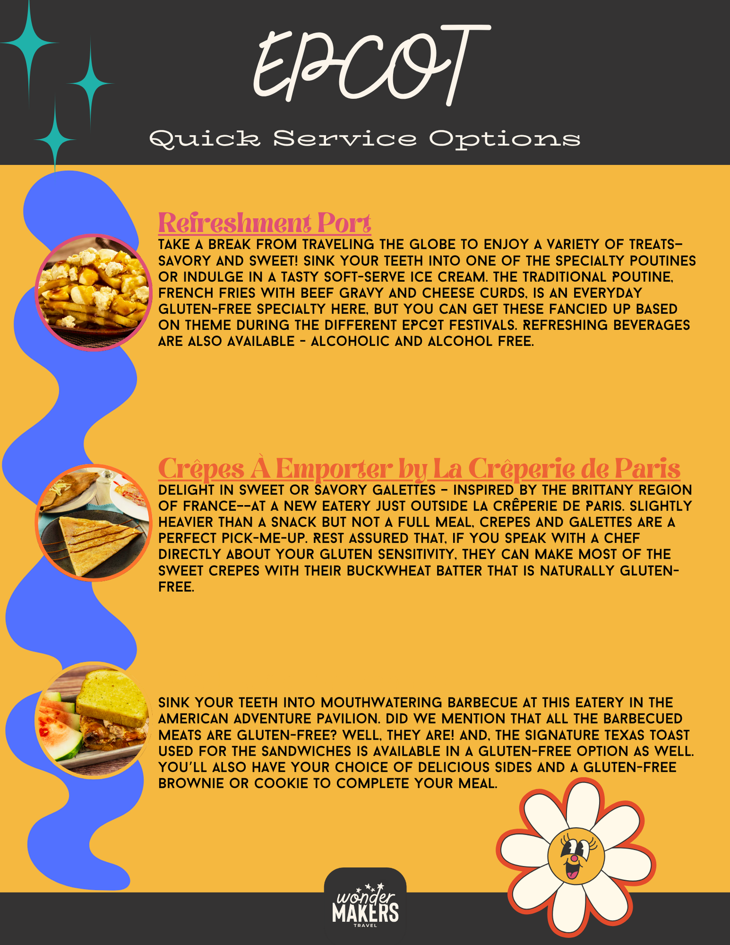Epcot's quick service dining menu showcasing refreshment options and crepes at La Creperie de Paris.