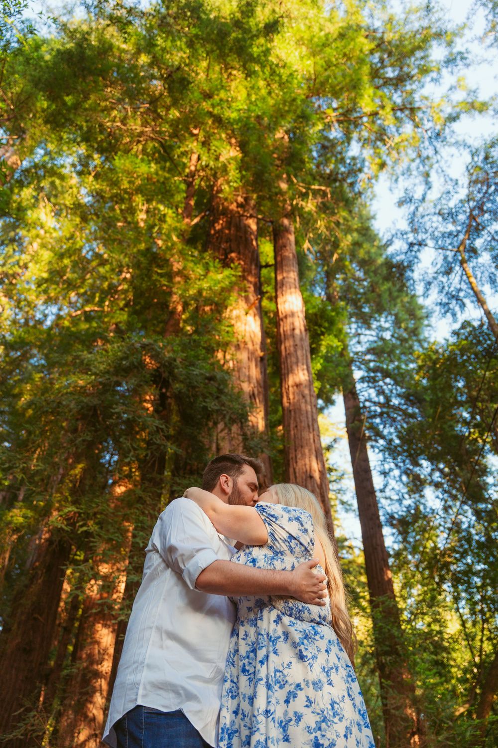 Intimate moments captured between a couple embracing among tall trees in dappled sunlight.
