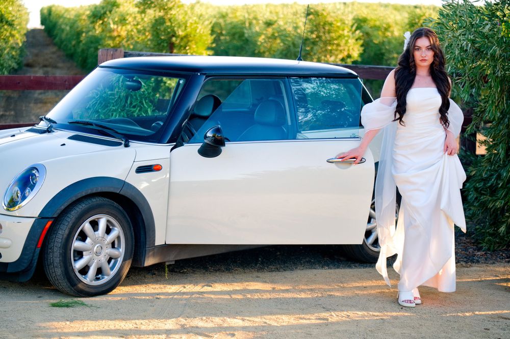 Bride in flowing white wedding dress posing beside a Mini Cooper on a sunny day.