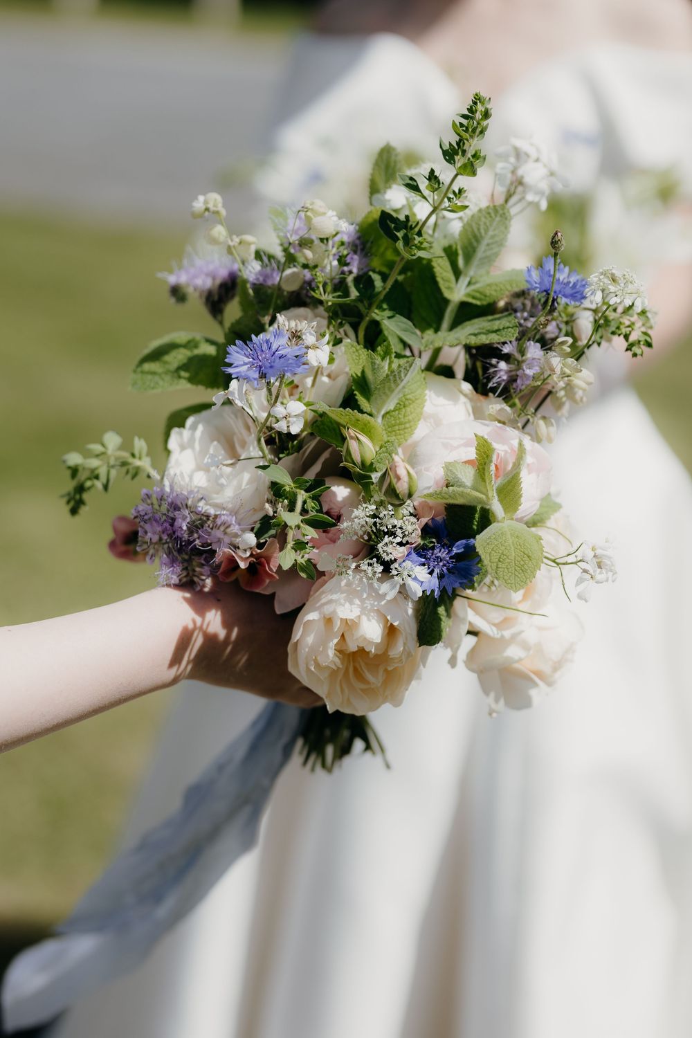Hand holding a romantic wedding bouquet of cream roses, blue cornflowers and wildflowers with greenery, beside a bride in a white dress.