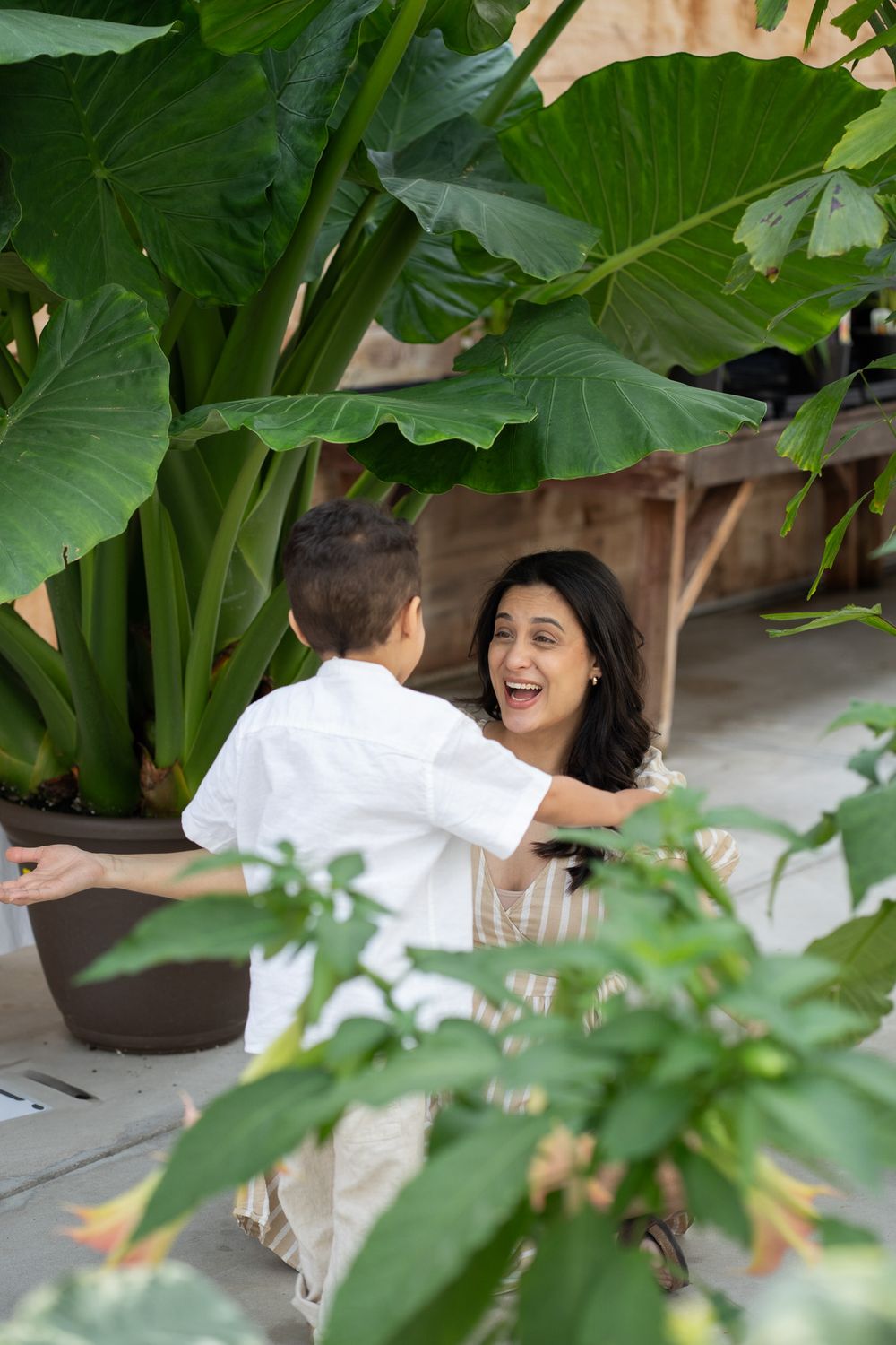 Pregnant women hugging a toddler in a greenhouse