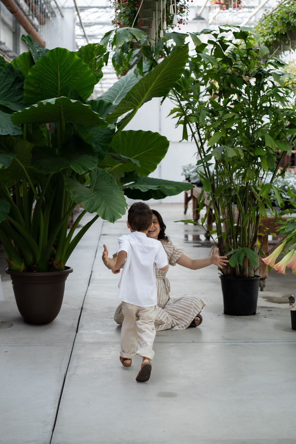 Pregnant women hugging a toddler in a greenhouse