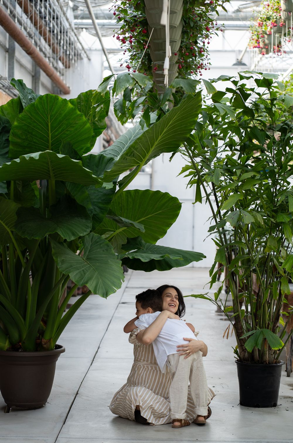 Pregnant women hugging a toddler in a greenhouse
