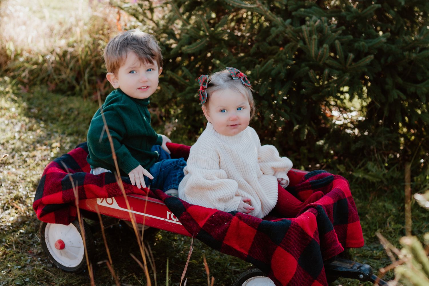 Two toddlers sitting in red wagon with buffalo plaid blanket.