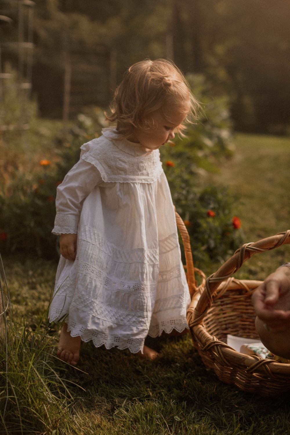 Delicate white lace dress catches sunlight in a garden setting.