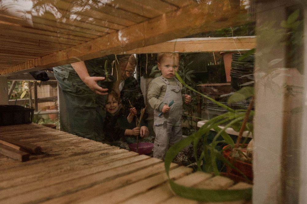 Child exploring greenhouse filled with plants and wooden structures.