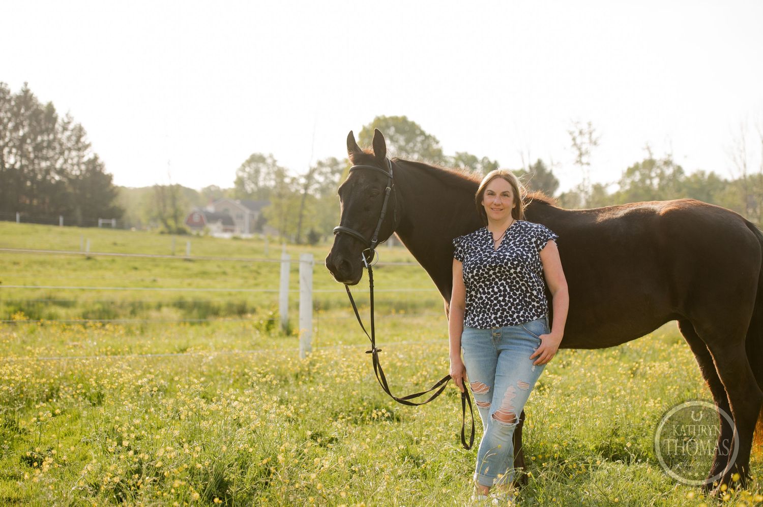 A beautiful sunset scene with a black horse and companion in a rural pasture setting.