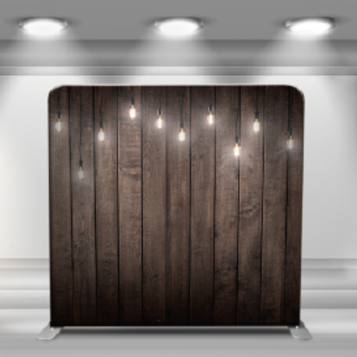 Rustic wooden wall backdrop with hanging string lights creating a warm, vintage ambiance.