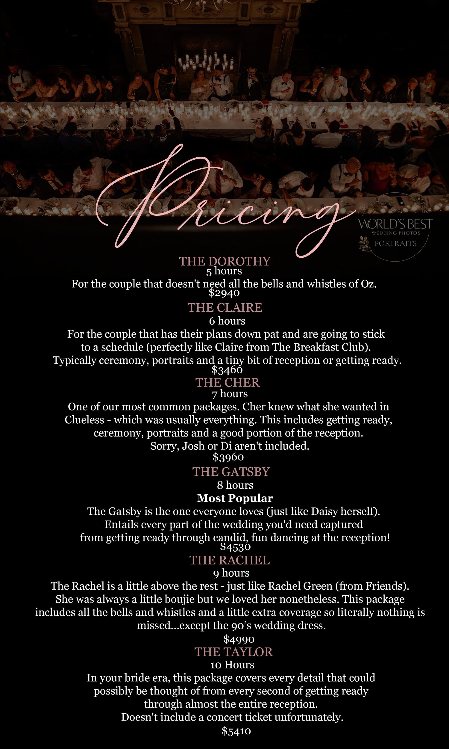 Wedding photography pricing menu with various packages named after movie characters.