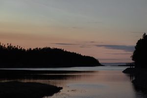 Tranquil sunset over a lake with silhouetted treelines reflected in calm waters against pink and purple sky.
