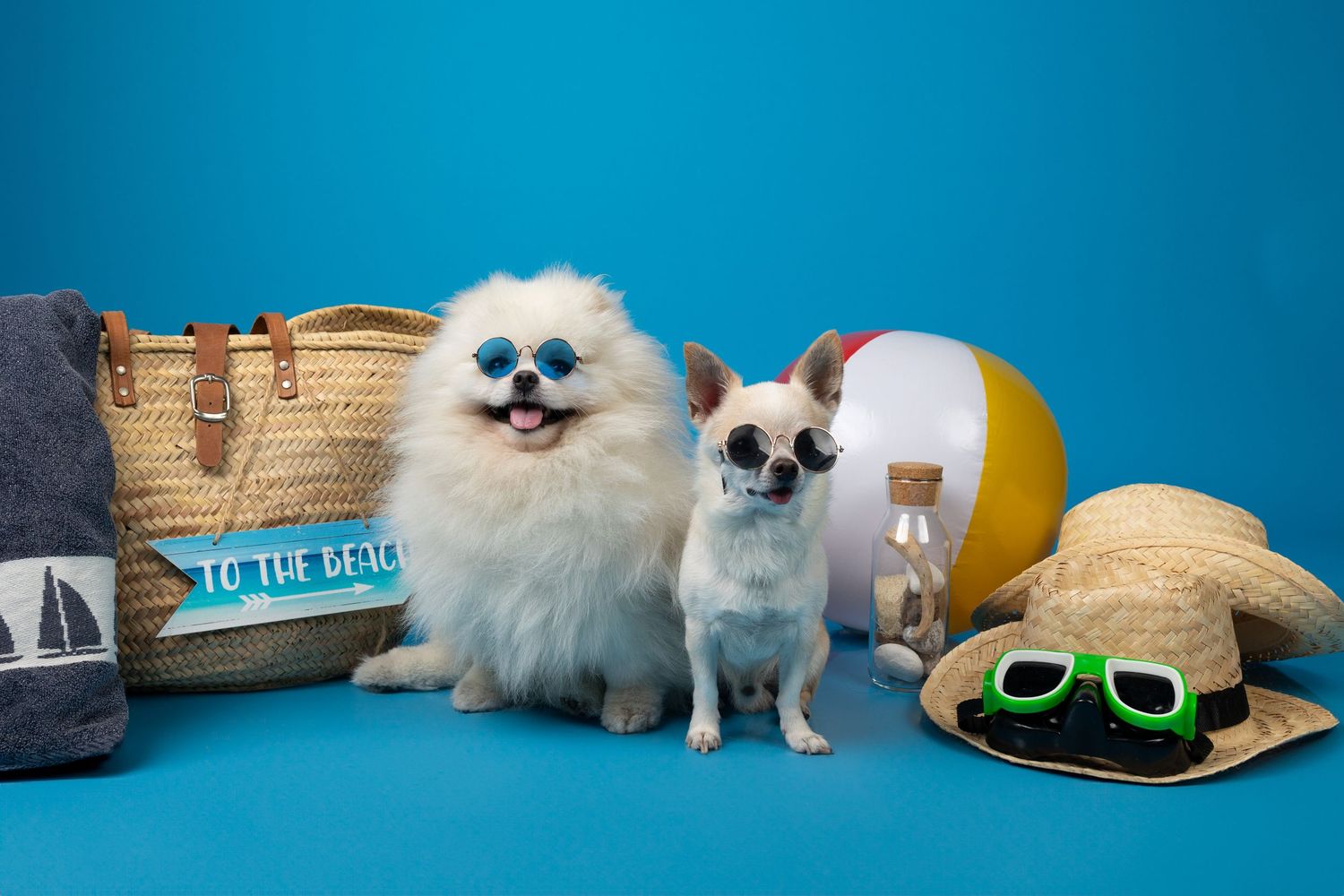 Adorables perros listos para las vacaciones de verano en la playa con gafas de sol, bolsa de paja y pelota de playa