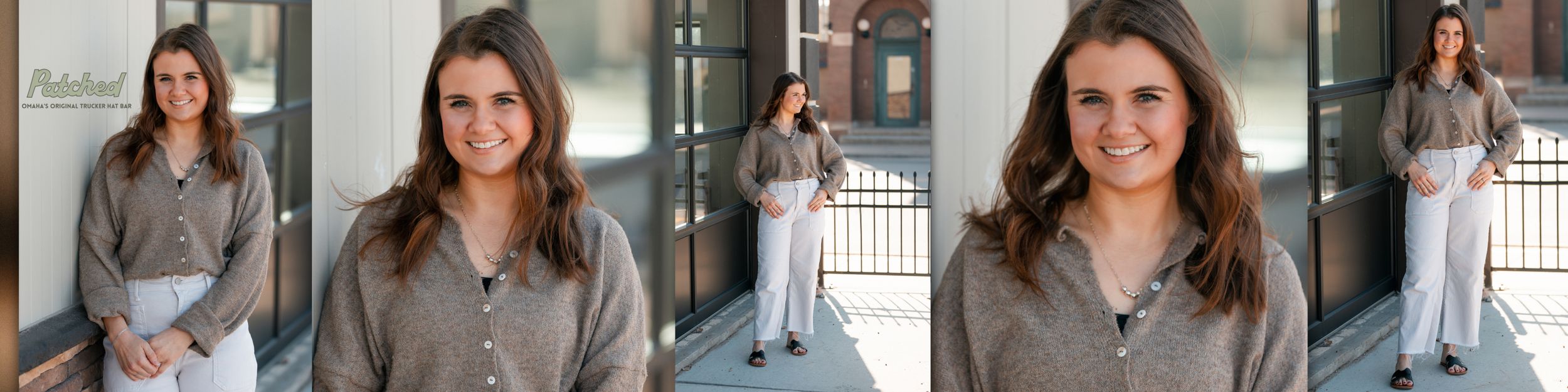 Professional woman in a gray button-down shirt poses for business portraits in an office hallway.