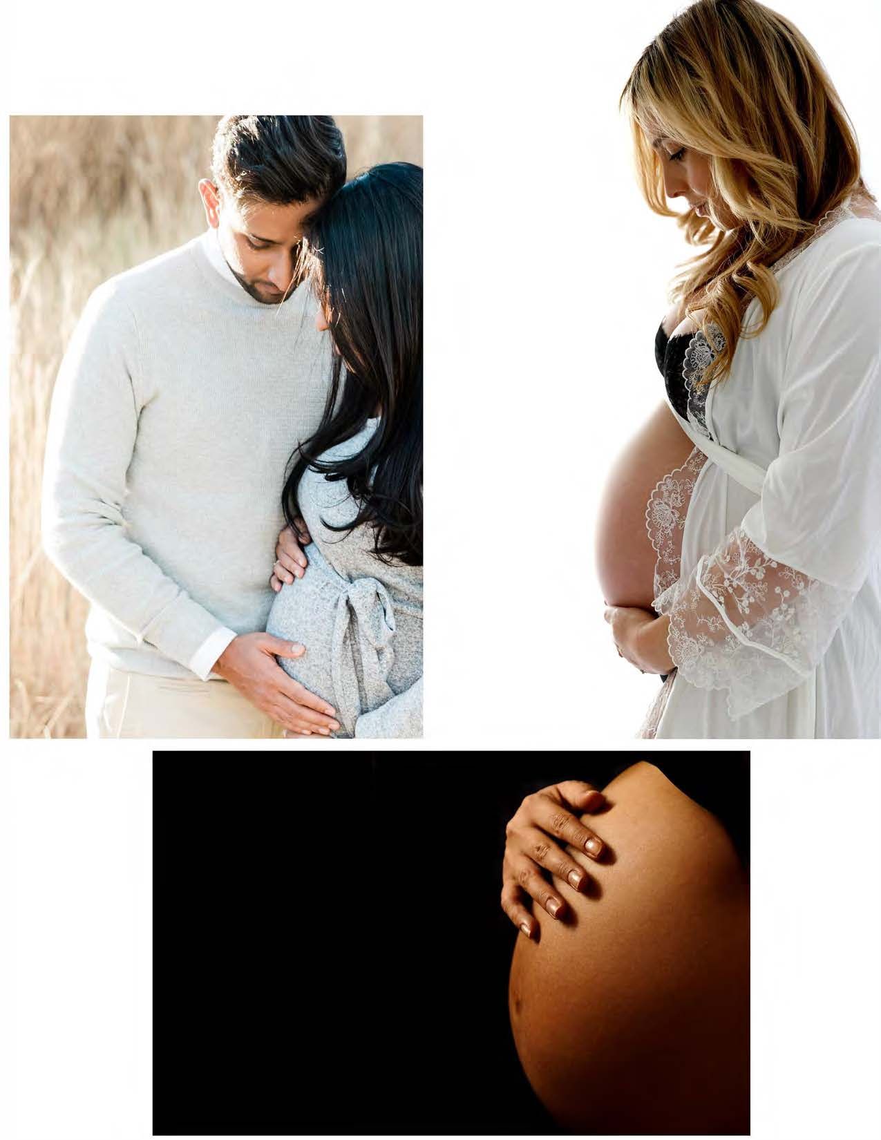 A collage of maternity photos showing couples touching a pregnant belly and a silhouette of a pregnant belly against dark background.