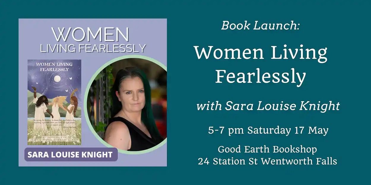 Book launch promotional banner for Women Living Fearlessly event at Good Earth Bookshop.
