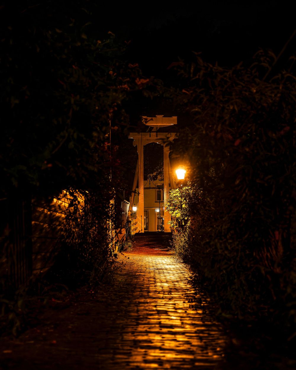 Cobblestone pathway at night leading to a glowing white gate arch, flanked by dark foliage and warm lantern light.