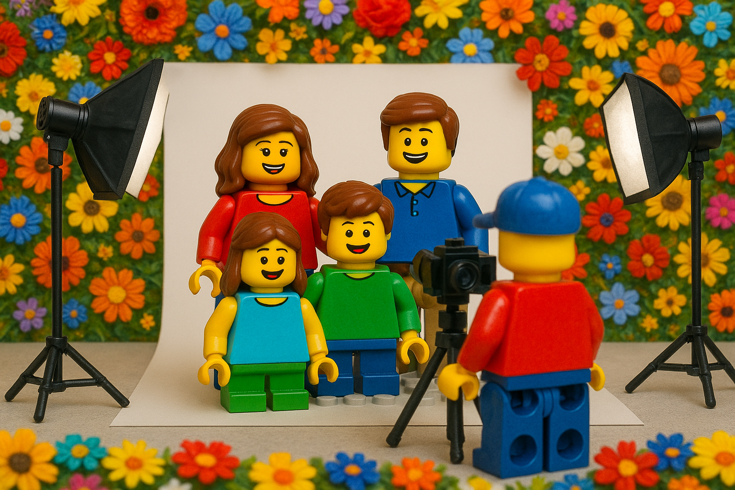 Alegre retrato familiar de Lego. Captura recuerdos infantiles divertidos y llenos de imaginación. Perfecto para diseños alegres y vibrantes