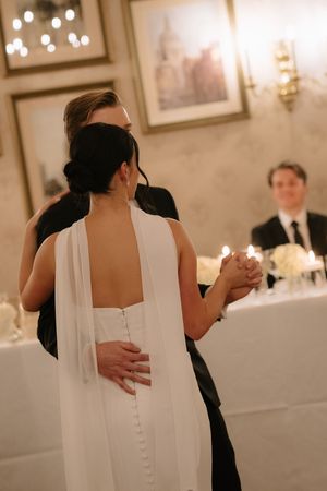 A sequence of romantic wedding photos showing a couple dancing closely in an elegant reception venue with soft lighting.