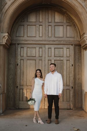 Elegant photo sequence under an ornate archway with wooden paneled walls.