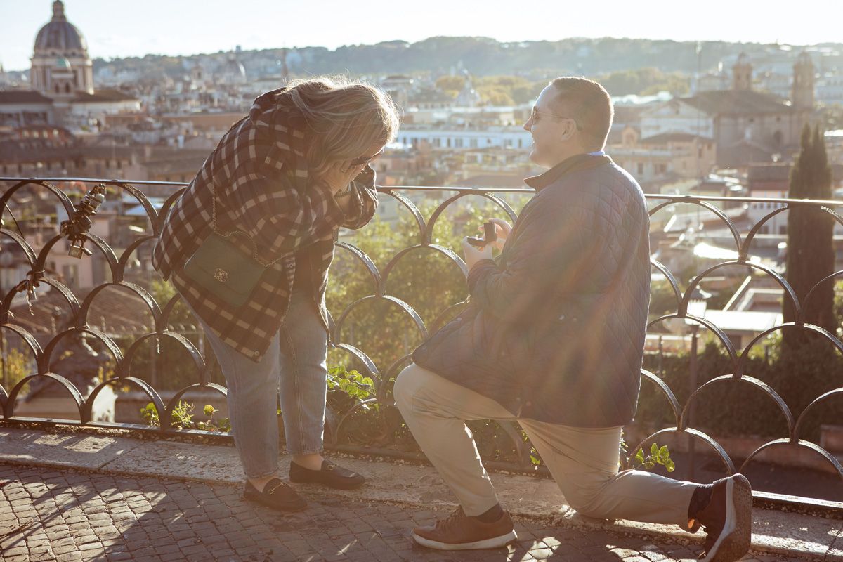 Dreamy sunset proposal at the Pincio Terrace in Villa Borghese, Rome.