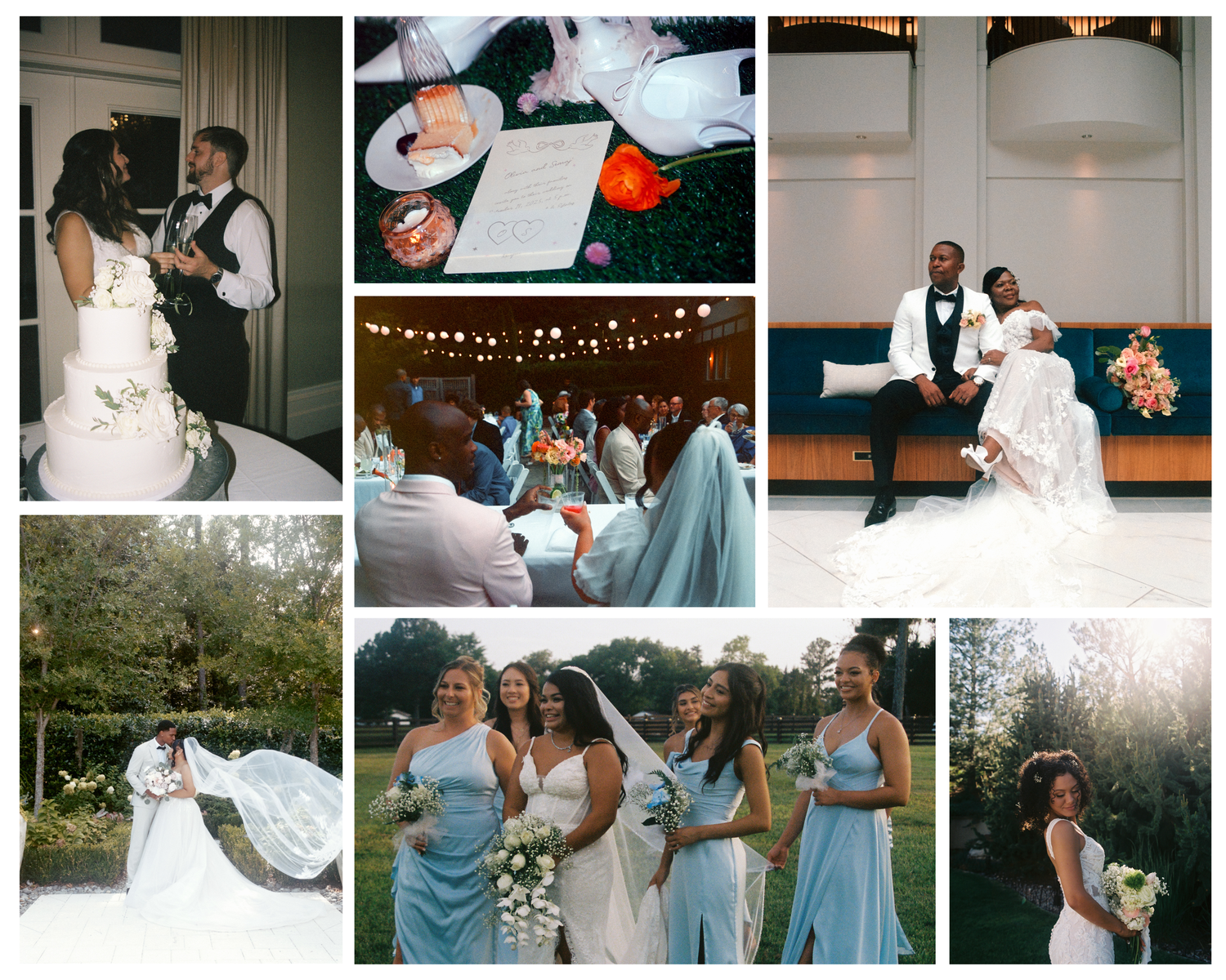 Wedding party in light blue bridesmaid dresses dancing and celebrating together at outdoor reception.
