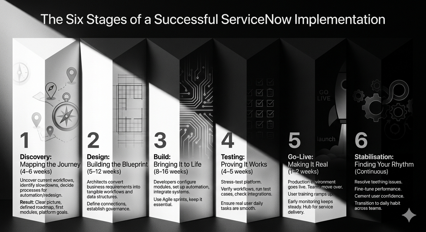 Infographic outlining the six stages of a successful ServiceNow implementation from discovery to stabilization.
