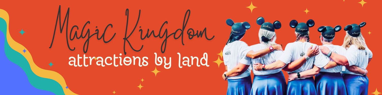 Theme park performers wearing matching blue and white uniforms stand in a group pose against a colorful background banner.