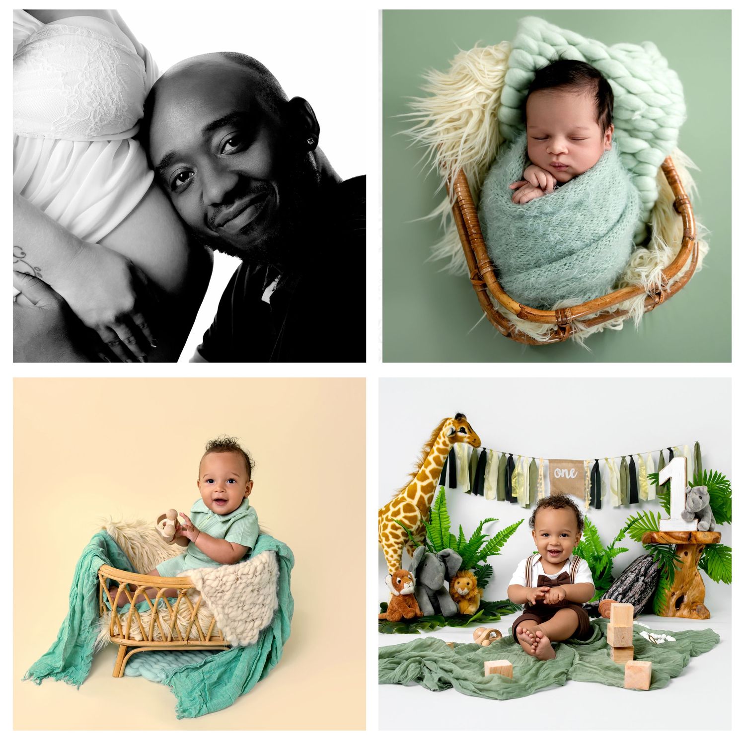 Collage of maternity couple portrait, sleeping newborn, and two toddler milestone photos in professional studio settings.