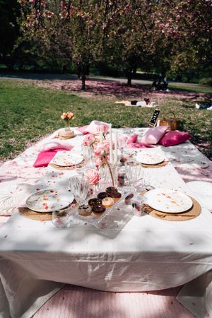 Elegant outdoor picnic table set with floral plates, pink roses, and crystal glasses under blooming cherry blossom trees.