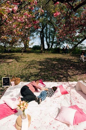 Couple relaxing on a pink picnic blanket with pillows under blooming cherry blossom trees in a sunny park.