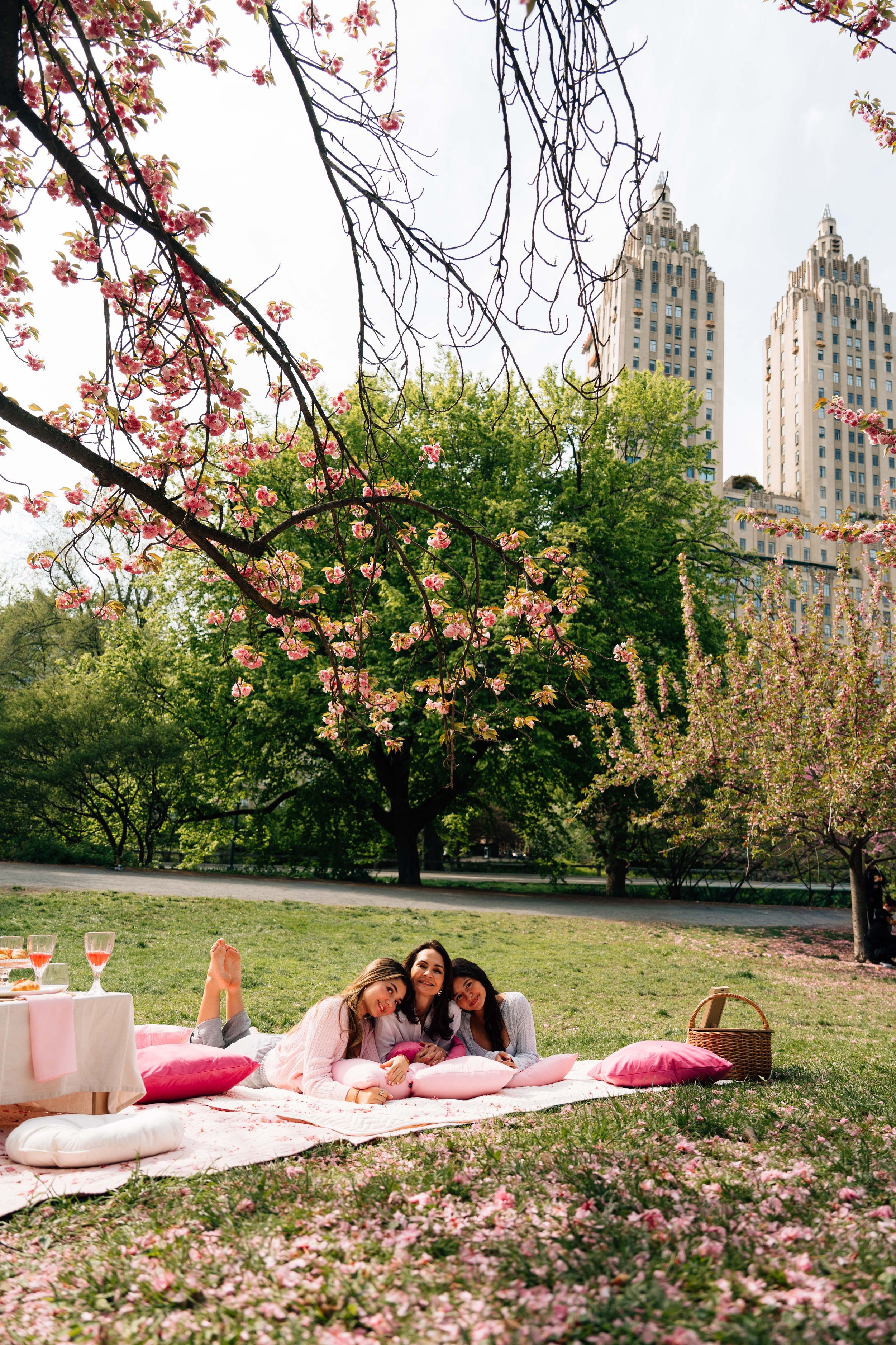 Three women enjoy a spring picnic under cherry blossom trees in Central Park, NYC, with pink pillows and wine.