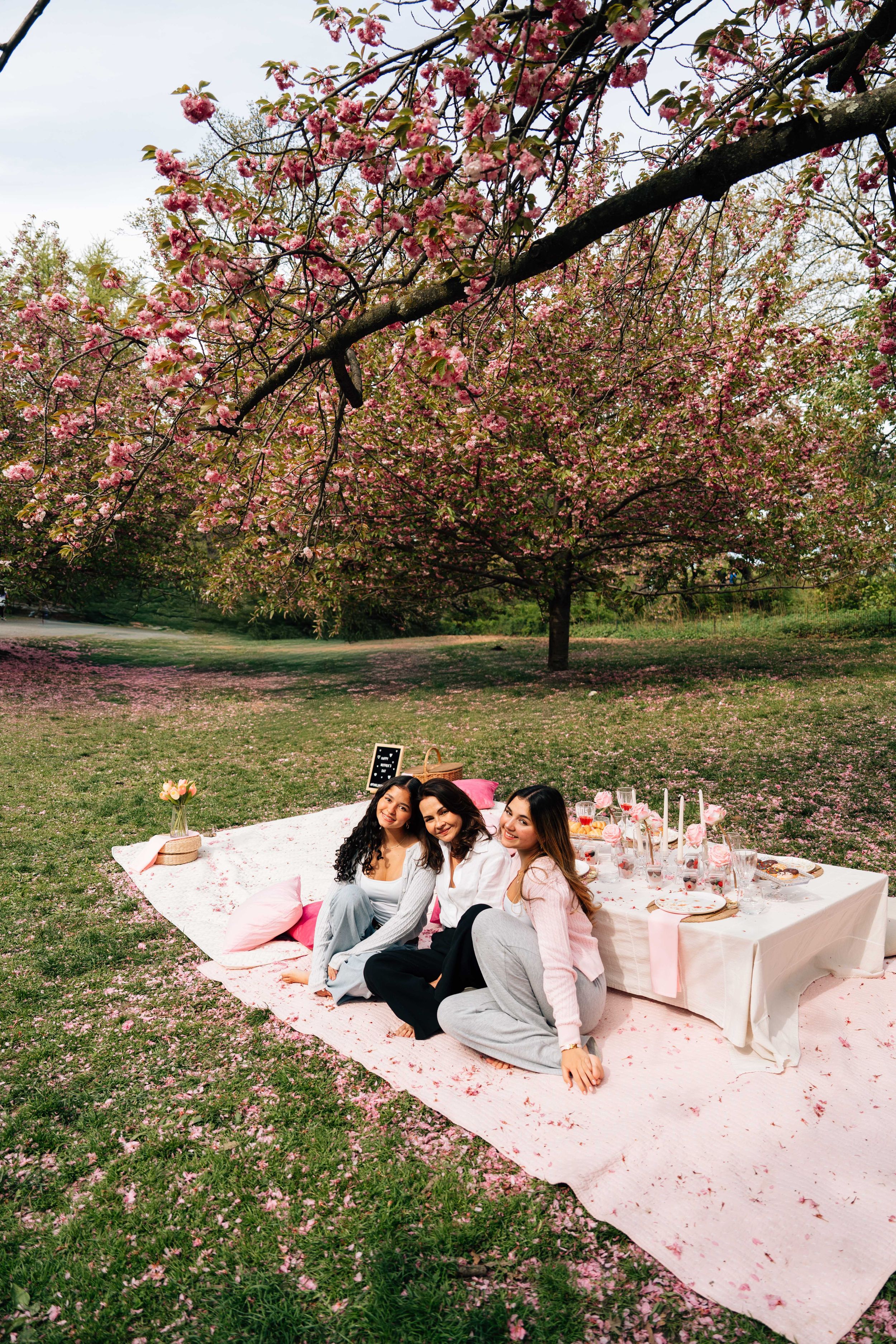 Three women take a selfie on a pink blanket during a spring picnic under blooming cherry blossom trees.