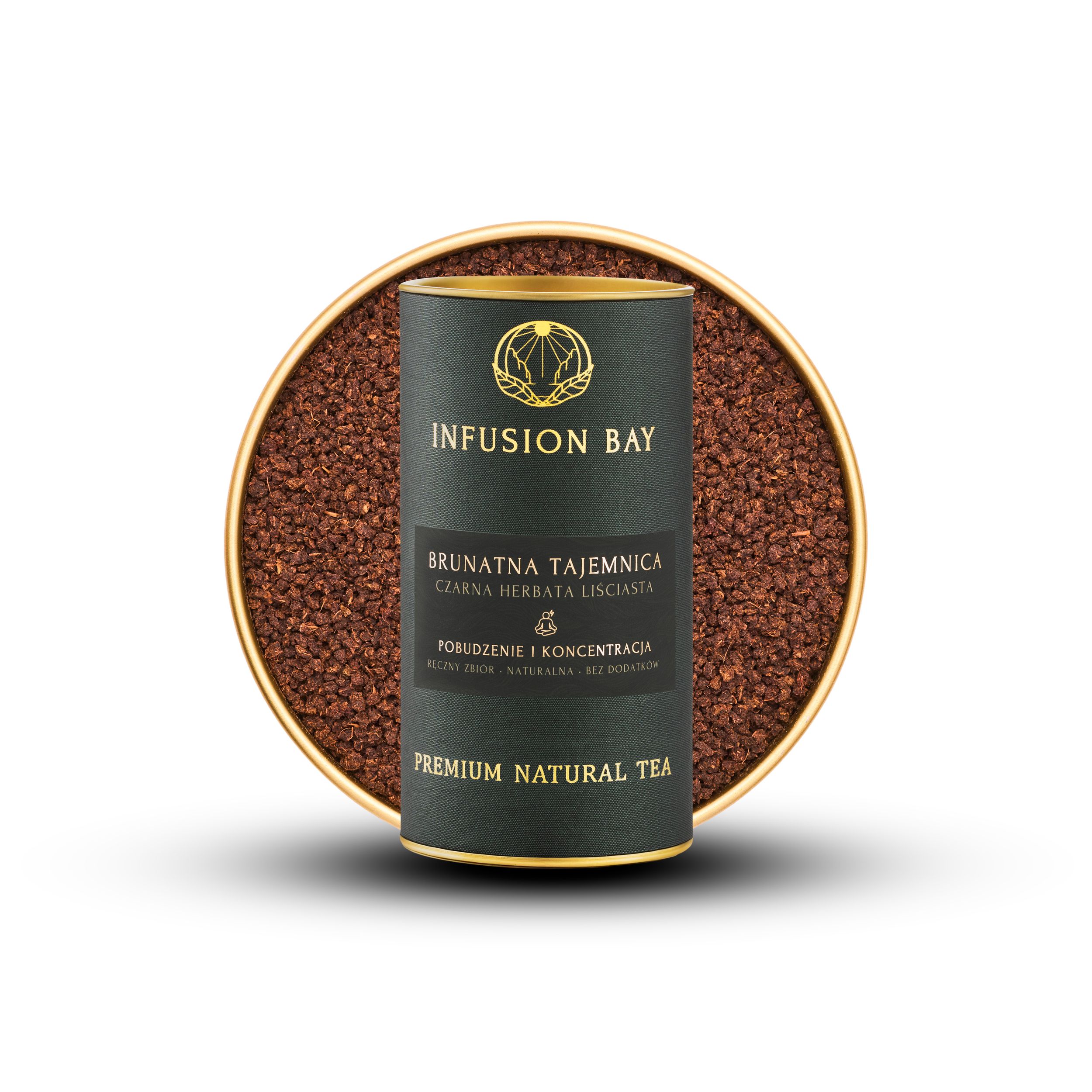 Infusion Bay premium natural tea tin surrounded by loose brown rooibos tea leaves on white background.