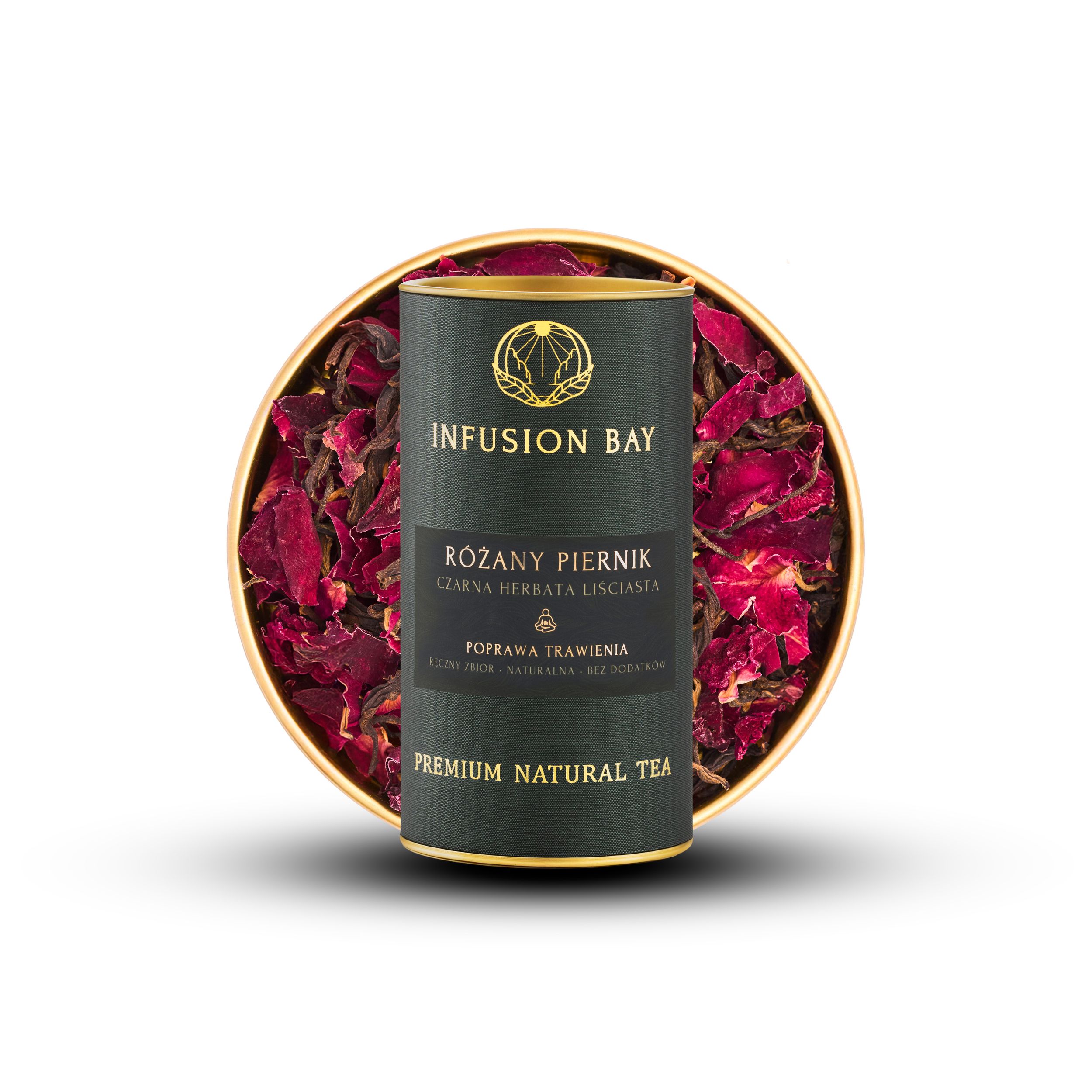 Infusion Bay Rozany Piernik premium natural black tea in a dark green cylindrical tin surrounded by dried red rose petals.