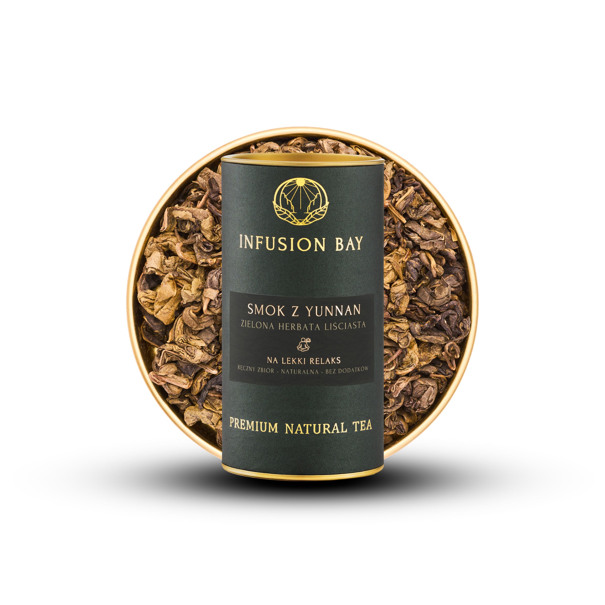 Infusion Bay Smok Z Yunnan premium natural loose leaf tea in elegant dark cylindrical tin container.