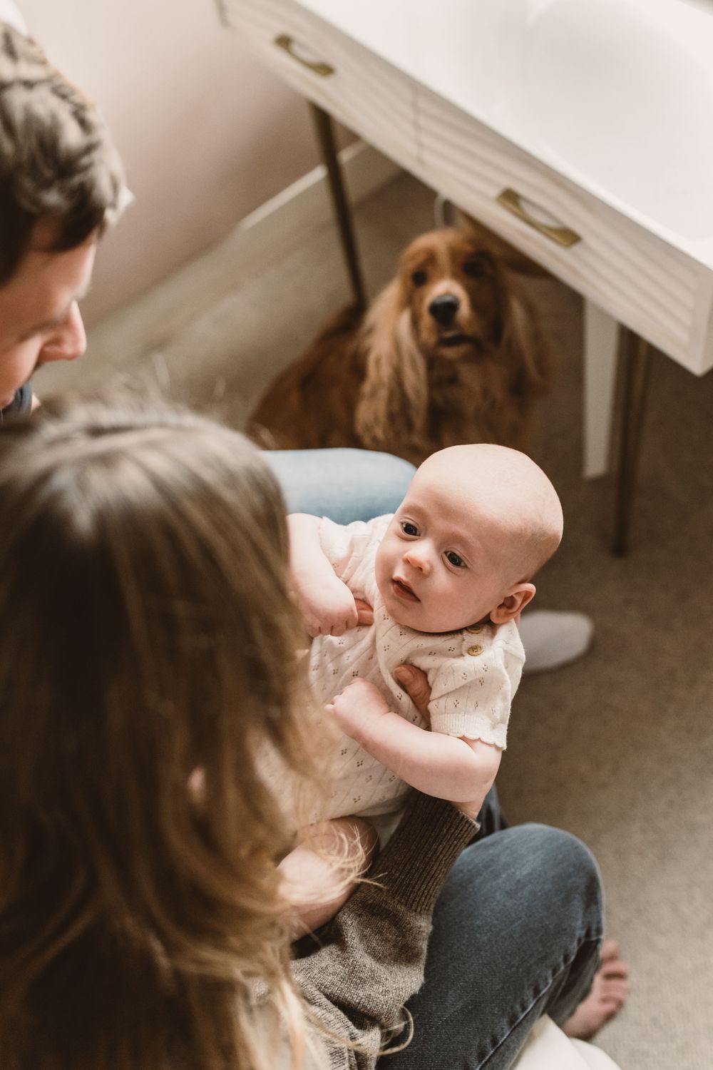 13-week-old baby boy, his parents and their dog at an in-home newborn session in London.