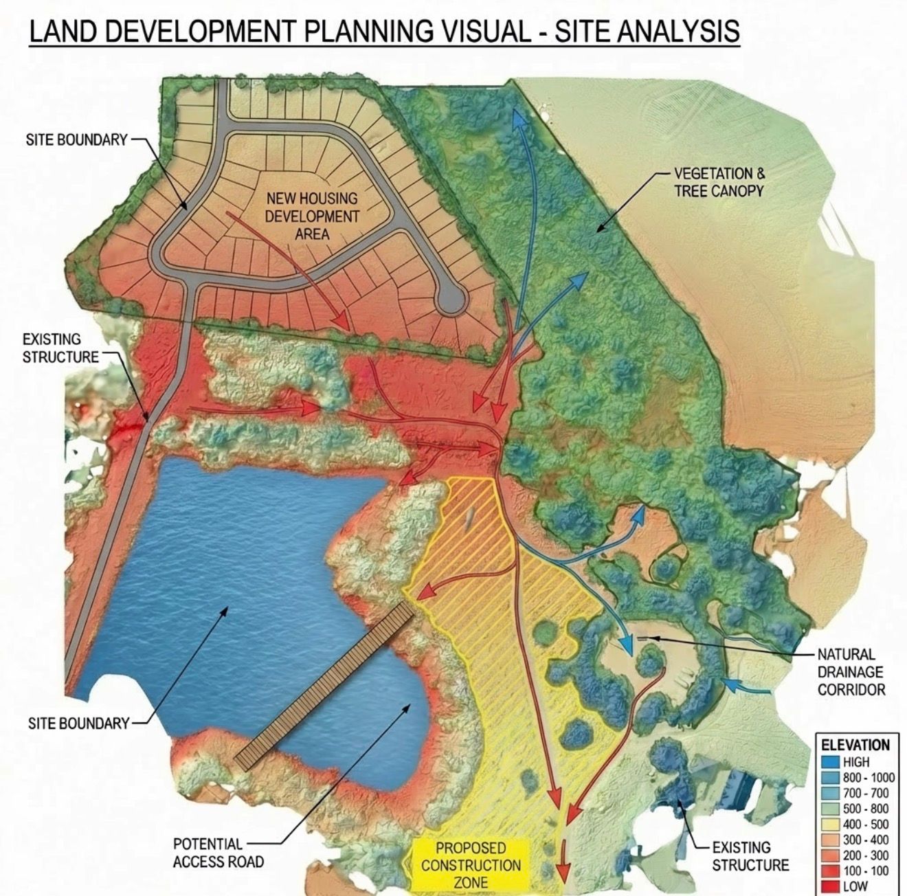 Land development planning visual site analysis map showing elevation, vegetation, drainage, housing zones, and construction areas.