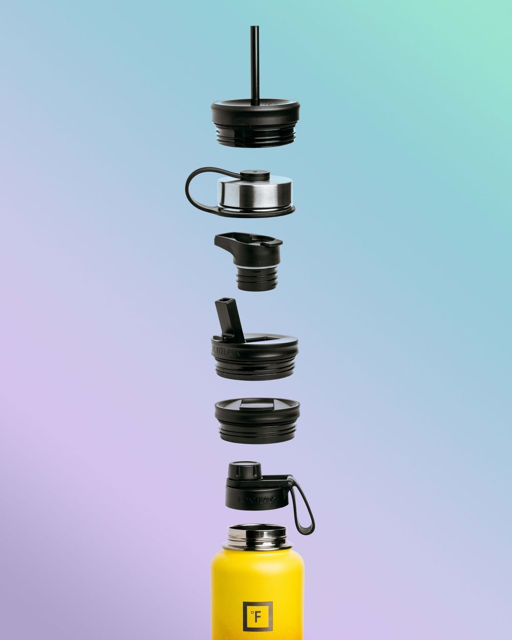 Exploded view of reusable water bottle components showing lid, filter, and body parts against gradient background.