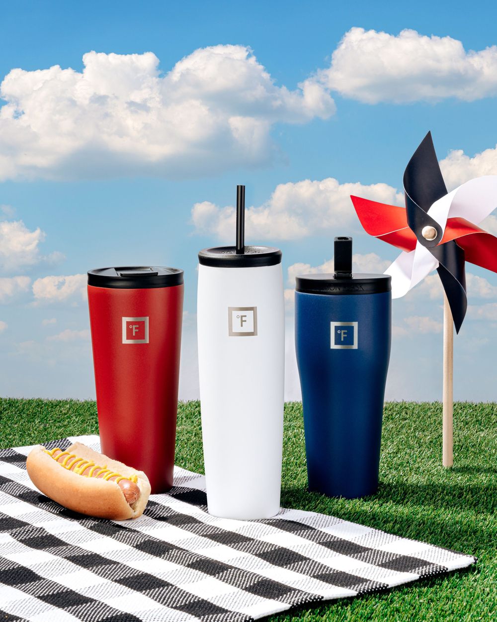 Red, white and blue tumblers on picnic blanket with pinwheel and hot dog under summer sky.