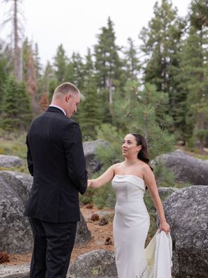 Bride in strapless white gown holds groom's hand during outdoor wedding ceremony among pine trees and granite boulders.